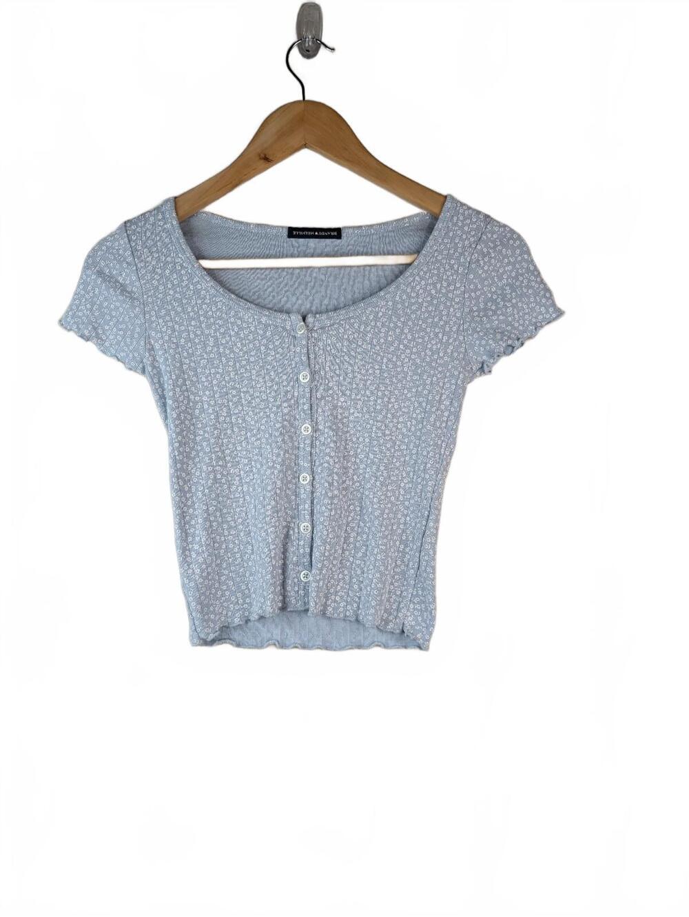 Brandy‎ Melville Light Blue Floral Ribbed Button-Up Crop Top Size Small